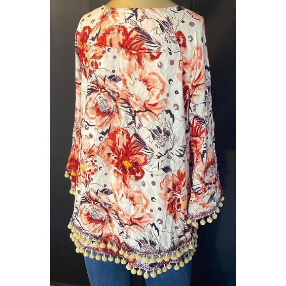 Soft Surroundings Blouse Floral Tassel POM POM trim boho festival Women medium - Picture 3 of 9
